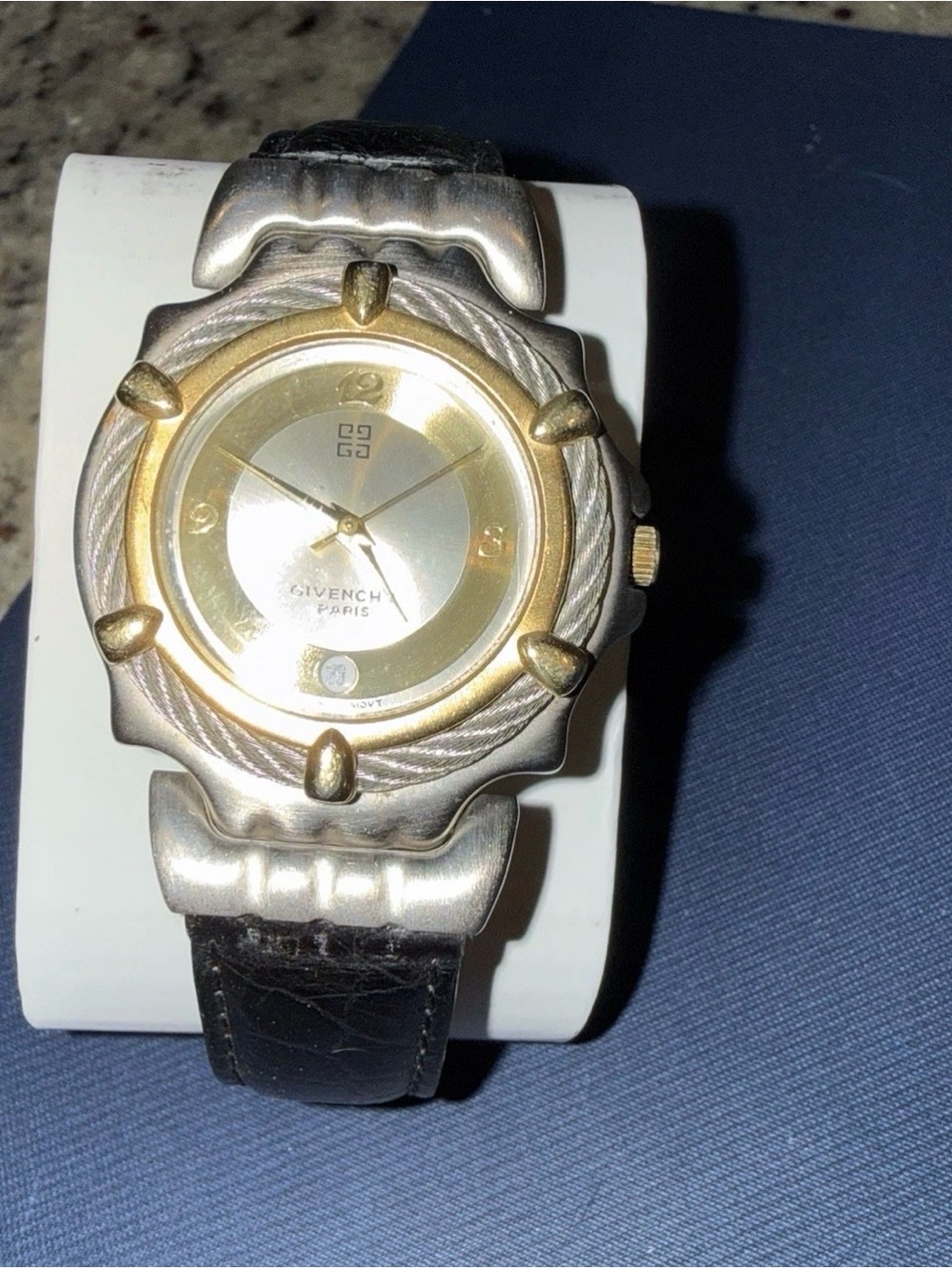Vintage Givenchy Paris Two-Tone Gold and Silver Dial Watch with Black Leather - Picture 2 of 9